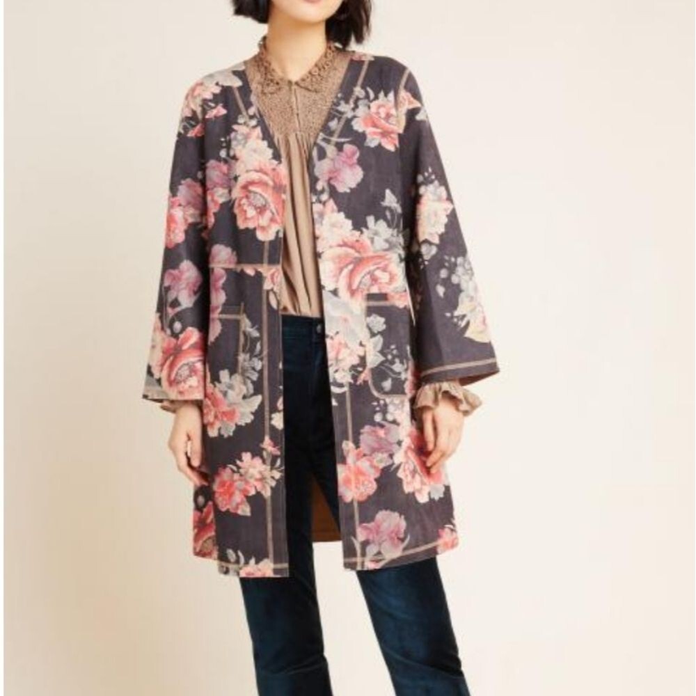 Solitaire Floral Faux Suede Long Kimono Jacket - Dark Gray and Coral Size XL